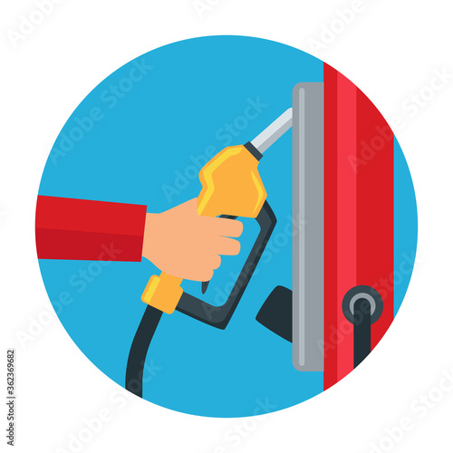 hand holding gasoline pistol pump fuel nozzle. vector illustration