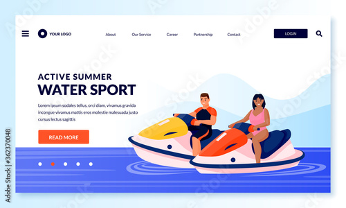 Young couple on jet ski. Vector flat cartoon people characters illustration. Man and woman rides water scooter