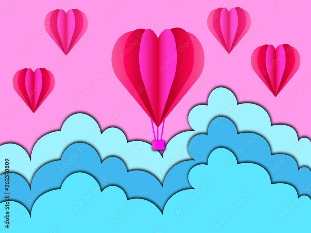 heart shaped balloons with clouds in background.papercut hearts and clouds