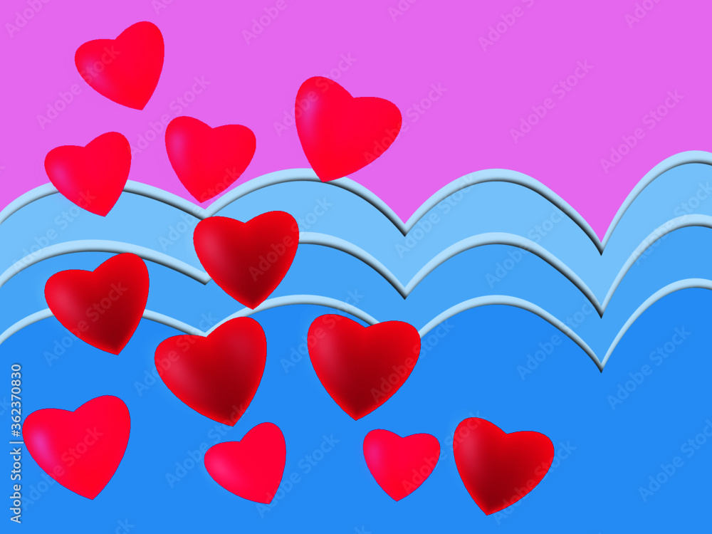 red hearts on white background. 3d heart background. hearts on sky background.heart shaped balloons