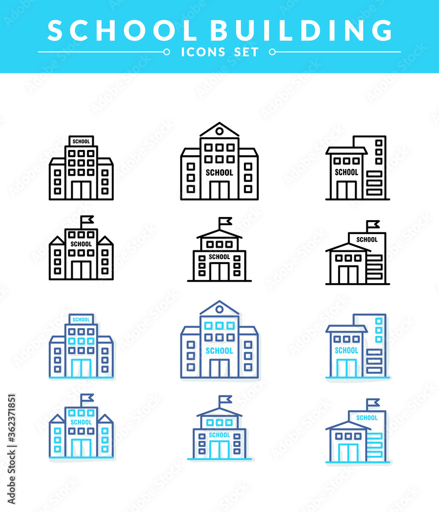 School Building Icons set with dual color and shadow. modern and simple linear web icons
