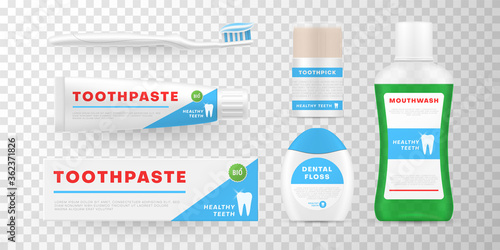 Dental cleaning supplies realistic mockups. Toothbrush, toothpaste, dental floss, toothpick, mouthwash.
