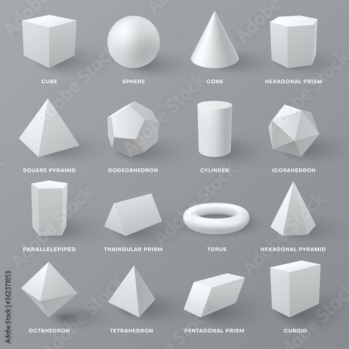 Geometric figures realistic mockups set. Cone, cube, sphere, hexagonal, triangular, pentagonal prisms.