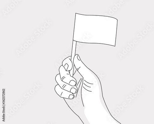 Hand holding flag - vector line art drawing template of a hand with a flag - place your flag and color of skin