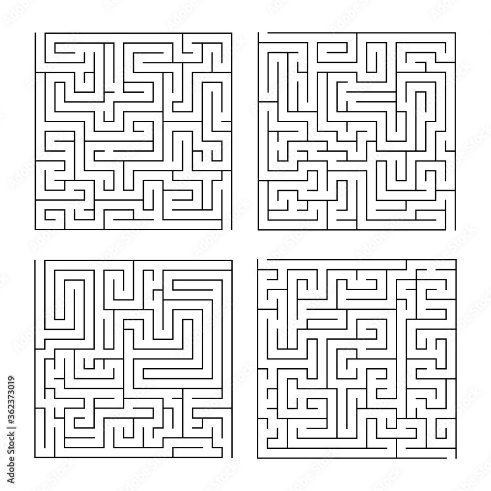 Labyrinth maze game set for children. Geometric puzzle collection. Vector illustration.