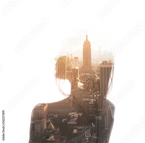 Photography Double exposure portrait of thoughtful woman with cityscape view