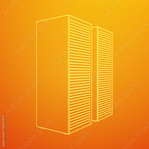 Data center storage room object. Hardware equipment telecommunication server. Computer database tower. Internet industry cluster. Wireframe low poly mesh 3d render illustration