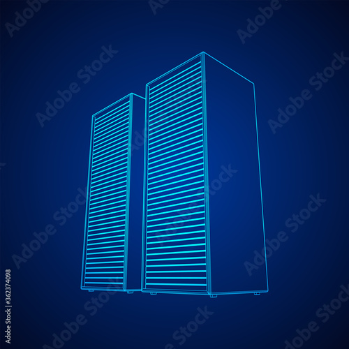 Data center storage room object. Hardware equipment telecommunication server. Computer database tower. Internet industry cluster. Wireframe low poly mesh 3d render illustration