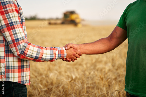 Billede på lærred Farmer and agronomist shaking hands standing in a wheat field after agreement