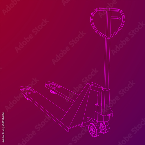 Hand pallet jack lift. Manual forklift. Logistics shipping concept. Wireframe low poly mesh vector illustration.