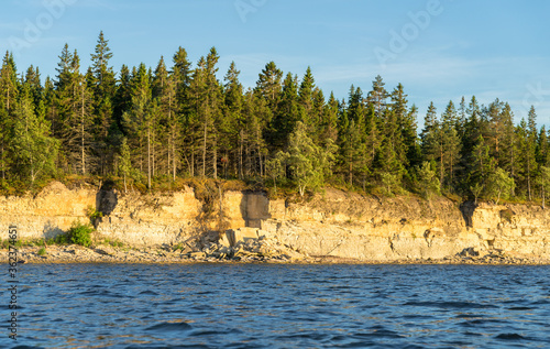Fragment of natural limestone cliff in Kesselaid (also Kessulaid) islet nordic coast. Tiny island in Suur Strait, Baltic Sea. Layers of cracked rocks covered with evergreen forest. Estonian coastline.