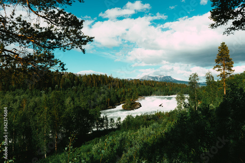 Norway’s national waterfall Målselvfossen. Beautiful view to the flowing and disturbed water, green forest and hills. Scandinavian natural landscape.