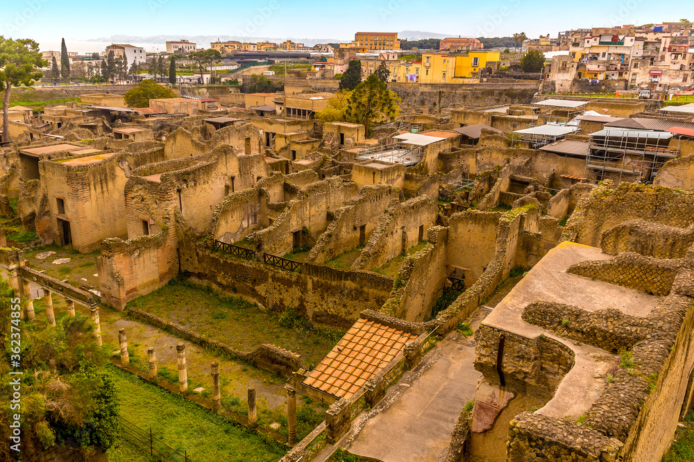 A view across the well preserved Roman settlement of Herculaneum, Italy