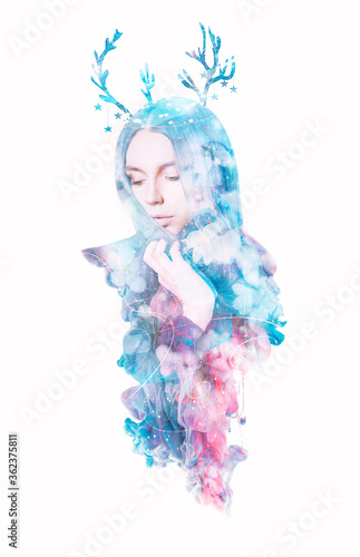 Visual digital art. Fantasy fairytale woman portrait. Double exposure effects. Magical girl with horns and bright blue abstract ink smoke watecolor design. Isolated on white