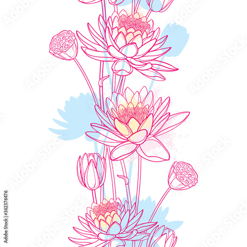 Vertical seamless pattern with outline Lotus or water lily flower, bud and seed pod in pastel pink and blue on the white background.