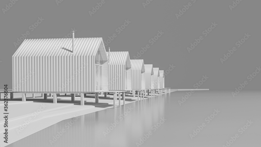 Perspective view of several rural barnhouse style houses lined up by the lake. Concept art in gray tones with copy space. 3D illustration. Perspective view of several rural barnhouse style houses lined up by the lake. Concept art in gray tones with copy space. 3D illustration.
