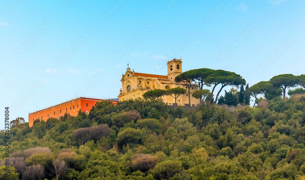A view of a hilltop monastery overlooking Ercolano near Naples, Italy