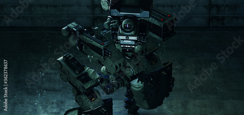 Soldier bot. Military drone in secret lab, 3d rendering