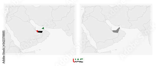 Two versions of the map of United Arab Emirates, with the flag of UAE and highlighted in dark grey.
