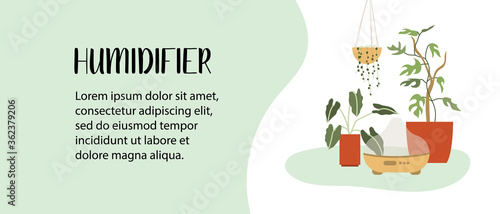 Home humidifier. Air freshener for home with houseplants. Air cleaner, purifier microclimate. Domestic appliance for humidity control. Perfect for landing page, banner.Flat cartoon vector illustration