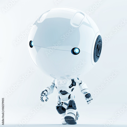 Cute white little character with illuminated blue eyes. Robotic toddler, 3d rendering in action walking pose