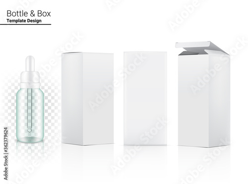 Transparent Dropper Bottle Mock up Realistic Cosmetic and 3 Box Side for Skincare Essential Merchandise or medicine on White Background Illustration. Health Care, Medical and Science Concept Design.