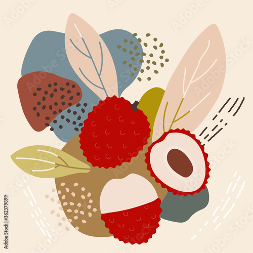 Abstract pastel colors fruit element memphis style. vector illustration of lychee on retro abstract background for organic food packaging, natural cosmetics, vegetarian, vegan products. lychee label.
