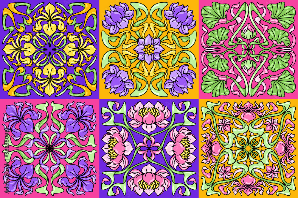 Art Nouveau ceramic tile pattern. Floral motifs in retro style.