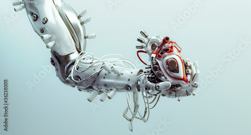 Stylish white robot arm holds artificial futuristic heart.  Metal artificial arm with heart, 3d rendering photo
