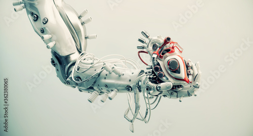 Stylish white robot arm holds artificial futuristic heart. Metal artificial arm with heart, 3d rendering