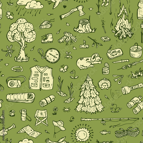 Tourism and camping Seamless pattern. Hand drawn doodle Camping Elements - vector illustration

