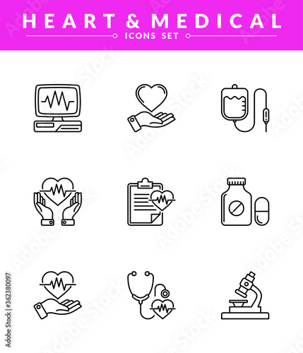 Simple Heart medications Icon set, New and trendy linear pictogram pack. modern vector icon concept for web graphics
