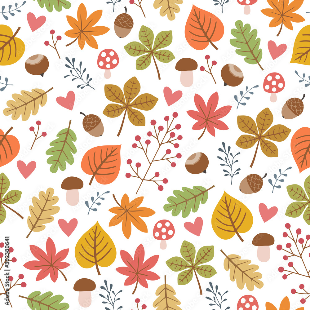 Autumn colorful seamless pattern with leaves, hazelnuts, mushrooms and acorns