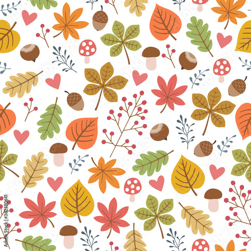 Autumn colorful seamless pattern with leaves  hazelnuts  mushrooms and acorns