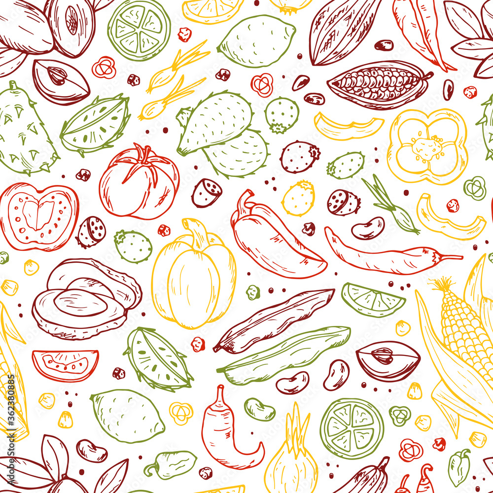 Mexican Food Vector Seamless pattern. Hand drawn doodle Fresh Fruits and Vegetables Mexican Food Vector Seamless pattern. Hand drawn doodle Fresh Fruits and Vegetables