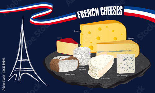 Publicité pour promouvoir les fromages français présentés sur un plateau en ardoise avec en décoration une tour Eiffel et un ruban bleu, blanc, rouge.