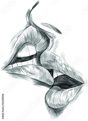 kiss people lips black and white sketch love in color vector illustration print