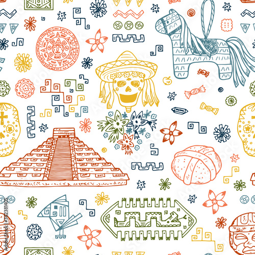 Mexico Vector Seamless pattern. Mexican items - Hand drawn doodle Mexican sights, cultural artifacts, Day of the Dead Attributes, patterns