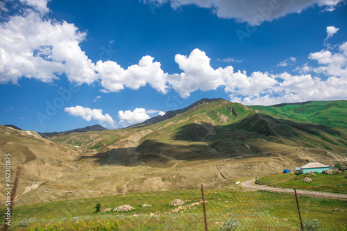 Beautiful landscape in the mountains at summer in daytime. Mountains at the sunset time. Azerbaijan, Caucasus. Khinalig