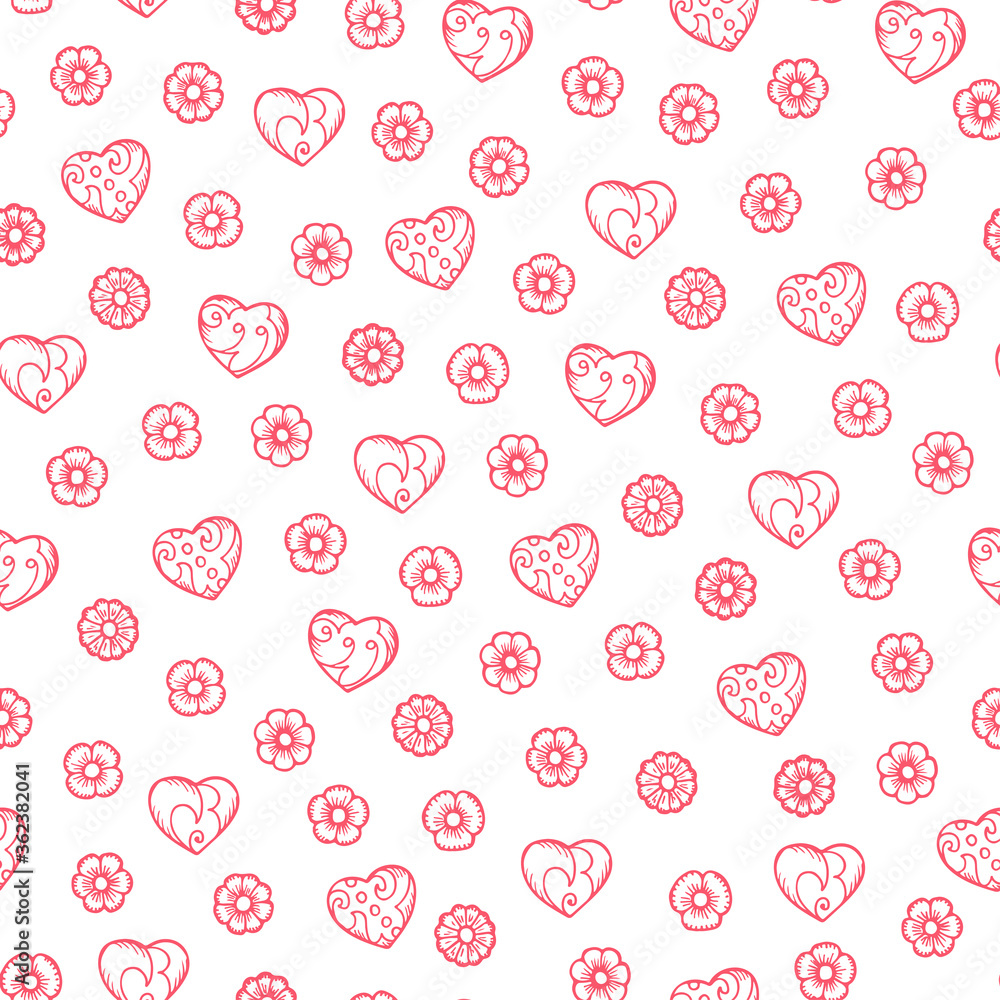 Hand drawn doodle flowers and hearts Seamless pattern. Valentines background. Happy Valentine's Day. Seamless floral pattern