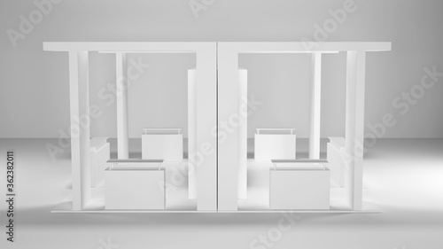 White two side creative exhibition stand design. Booth template. 3d rendering