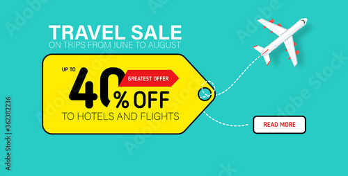 Travel sale banner with yellow tag. Hot fares for domestic and International flights. Greatest deal on sale flights, book hotels online. Cheap travel offer.