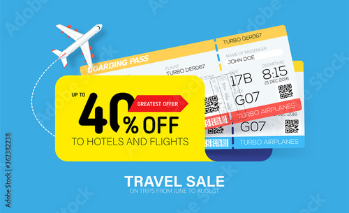 Travel sale banner with yellow tag and tickets. Hot fares for domestic and International flights. Greatest deal on sale flights, book hotels online. Cheap travel offer.