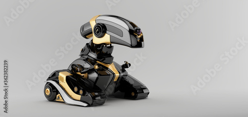 Futuristic cute robot toy on tracks, 3d rendering of radio controlled robotic gadget