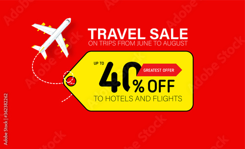 Travel sale banner with yellow tag. Hot fares for domestic and International flights. Greatest deal on sale flights, book hotels online. Cheap travel offer.