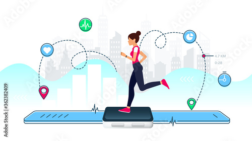 Concept of Smart watch for fitness. Young girl runs on the display of a large smart watch. Healthy sporty lifestyle. Counting calories, heart rate control, count steps and GPS tracking function.