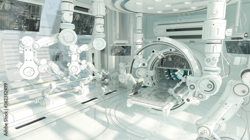 High-tech laboratory with diagnostic equipment. 3d rendering of futuristic lab