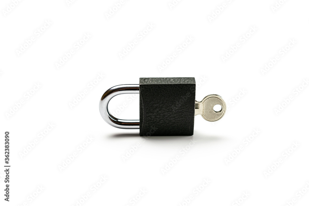 Padlock and key isolated on white background. Privacy security with metal lock pad. Padlock and key isolated on white background. Privacy security with metal lock pad.