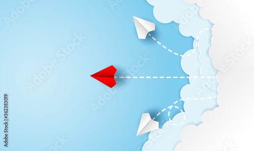 Different business concept.Red paper plane changing direction from white paper plane. new ideas. paper art style. creative idea. vector ,illustration.