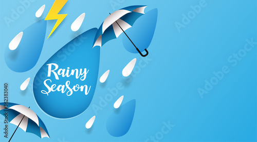 Monsoon, Rainy Season background. design with raining drops and umbrella blue sky background. paper art style. vector.